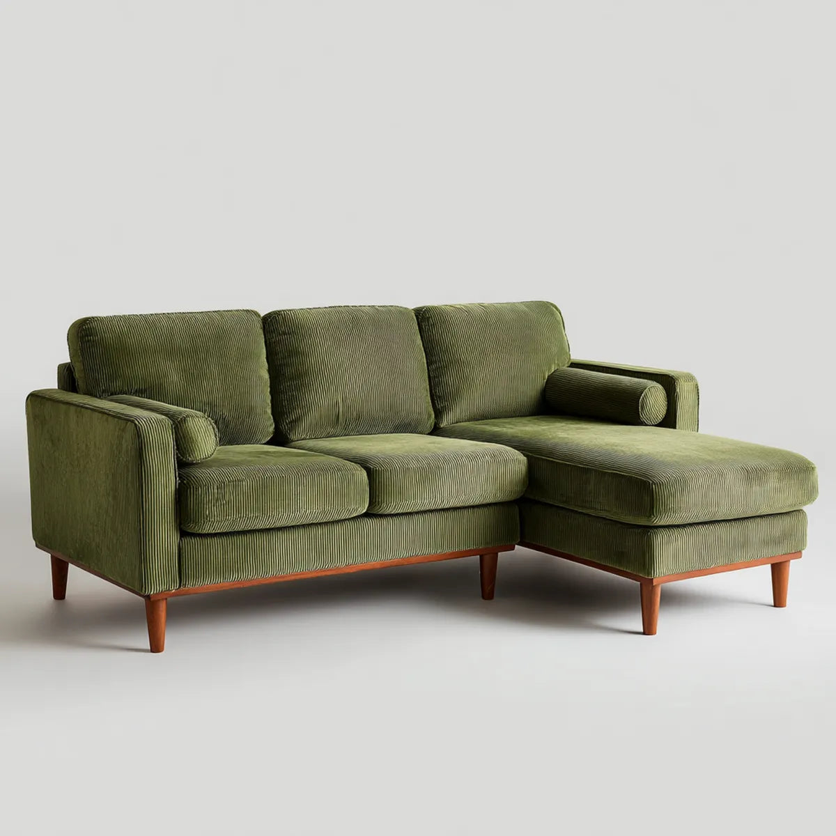 Divano angolare reversibile verde oliva 3 posti in velluto a coste 240 x 150 x 85 cm con chaise longue e gambe in legno massello