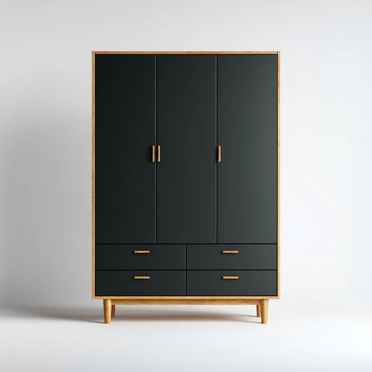 Armadio guardaroba 3 ante con 4 cassetti nero e rovere 120 x 55 x 200 cm in MDF e rovere massello rettangolare