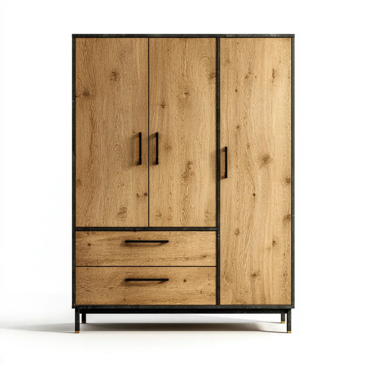 Armadio guardaroba 3 ante con 2 cassetti rovere naturale nero 120 x 52 x 200 cm in pannello truciolare melaminico rettangolare