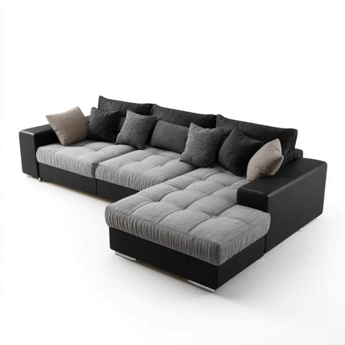 Divano angolare 5 posti nero e grigio con penisola destra in similpelle PU e velluto a coste 300 x 200 x 85 cm