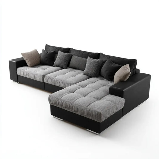 Divano angolare 5 posti nero e grigio con penisola destra in similpelle PU e velluto a coste 300 x 200 x 85 cm